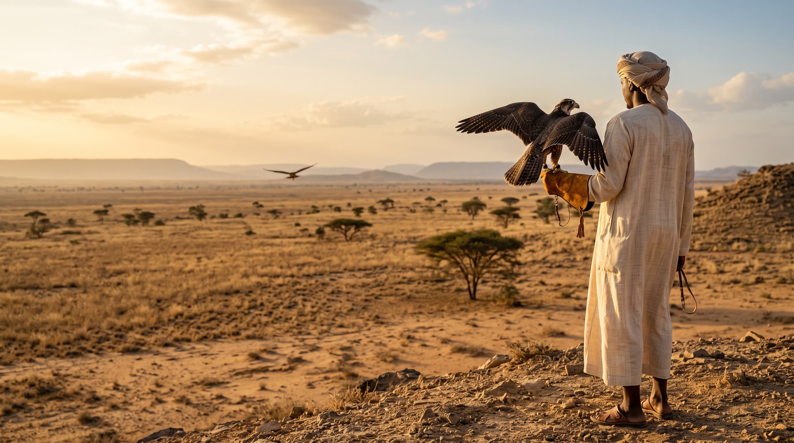 Professional falconer with hunting falcon overlooking the Aysha hunting block in Ethiopia's Somali Region.